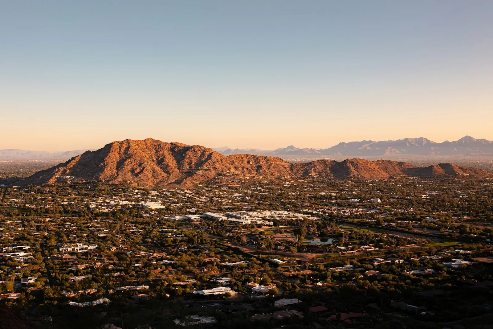 Camelback Mountain above the Phoenix Valley at golden hour